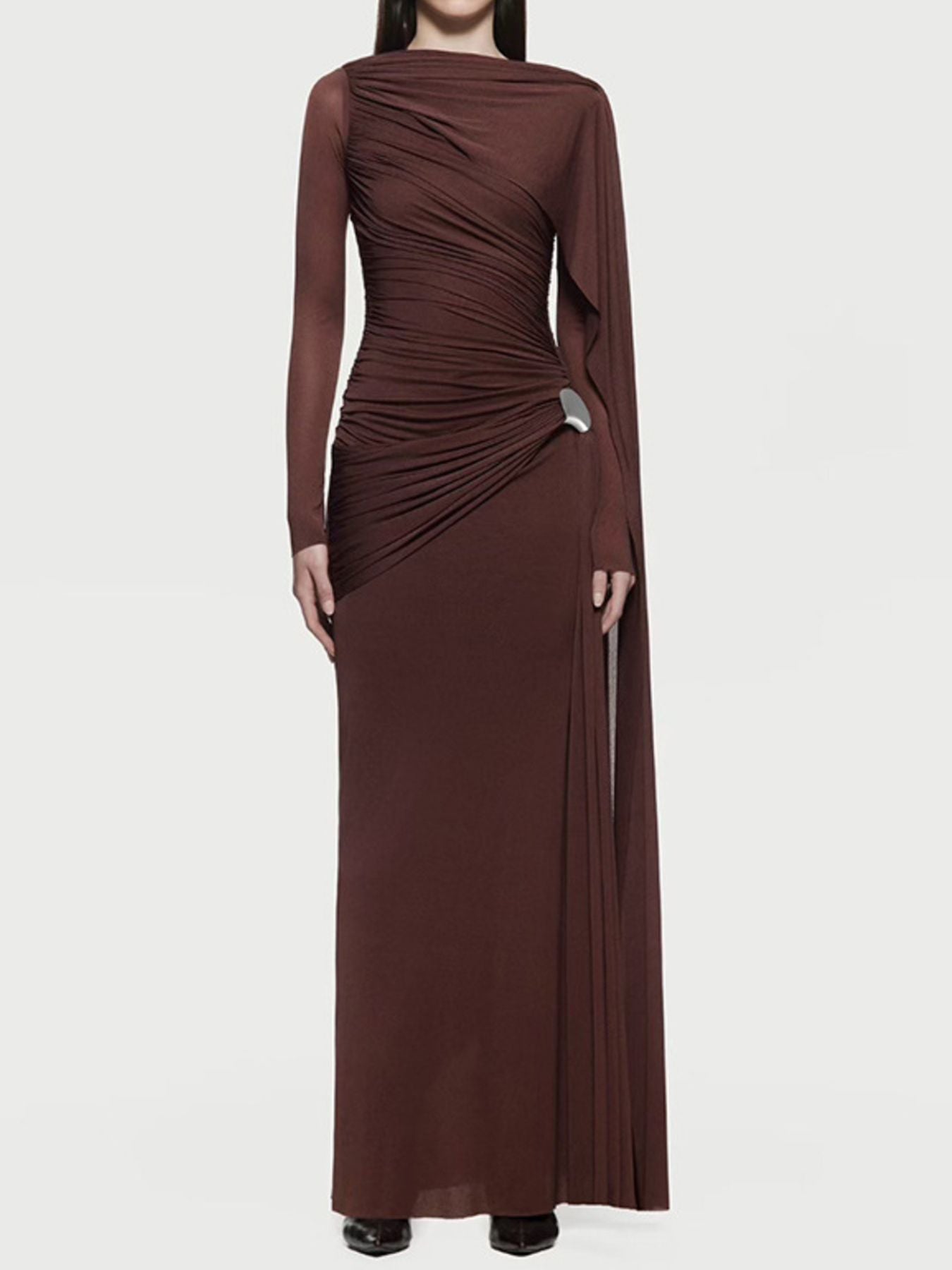 Ruched Draped Long Sleeve Maxi Dress - TrendNest
