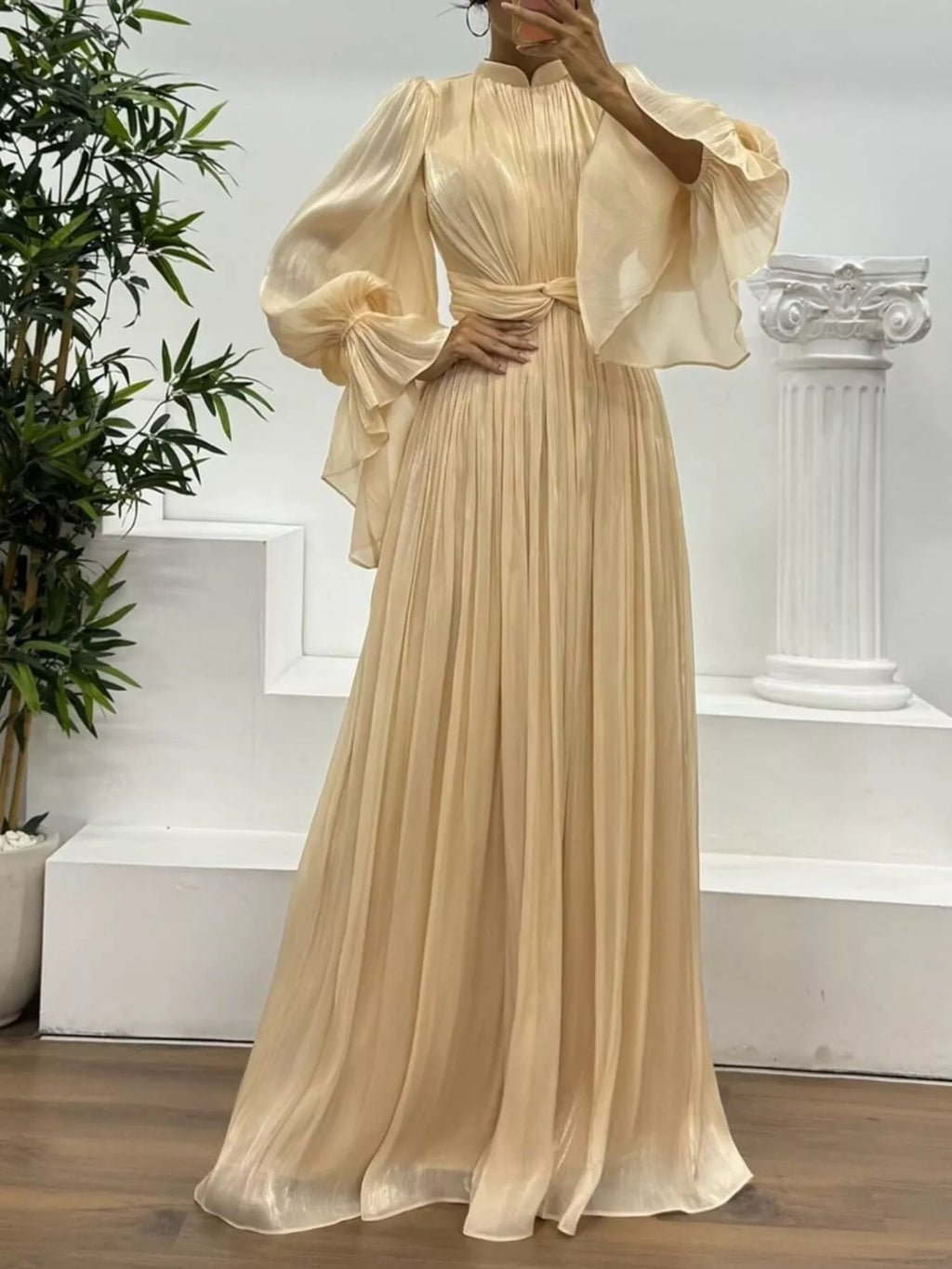 Pleated Mock Neck Long Sleeve Maxi Dress - TrendNest