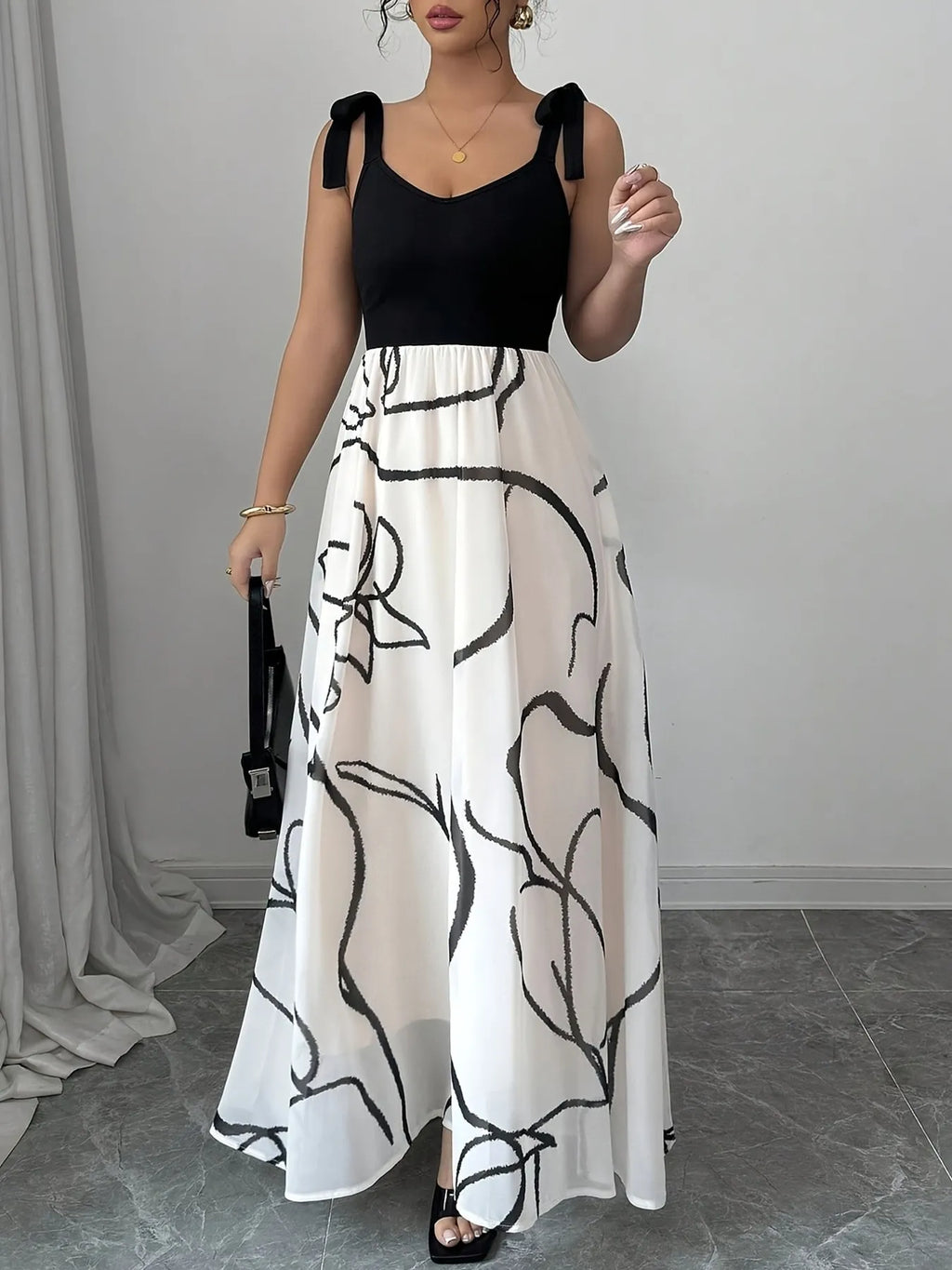 Tie Shoulder V - Neck Maxi Dress - TrendNest