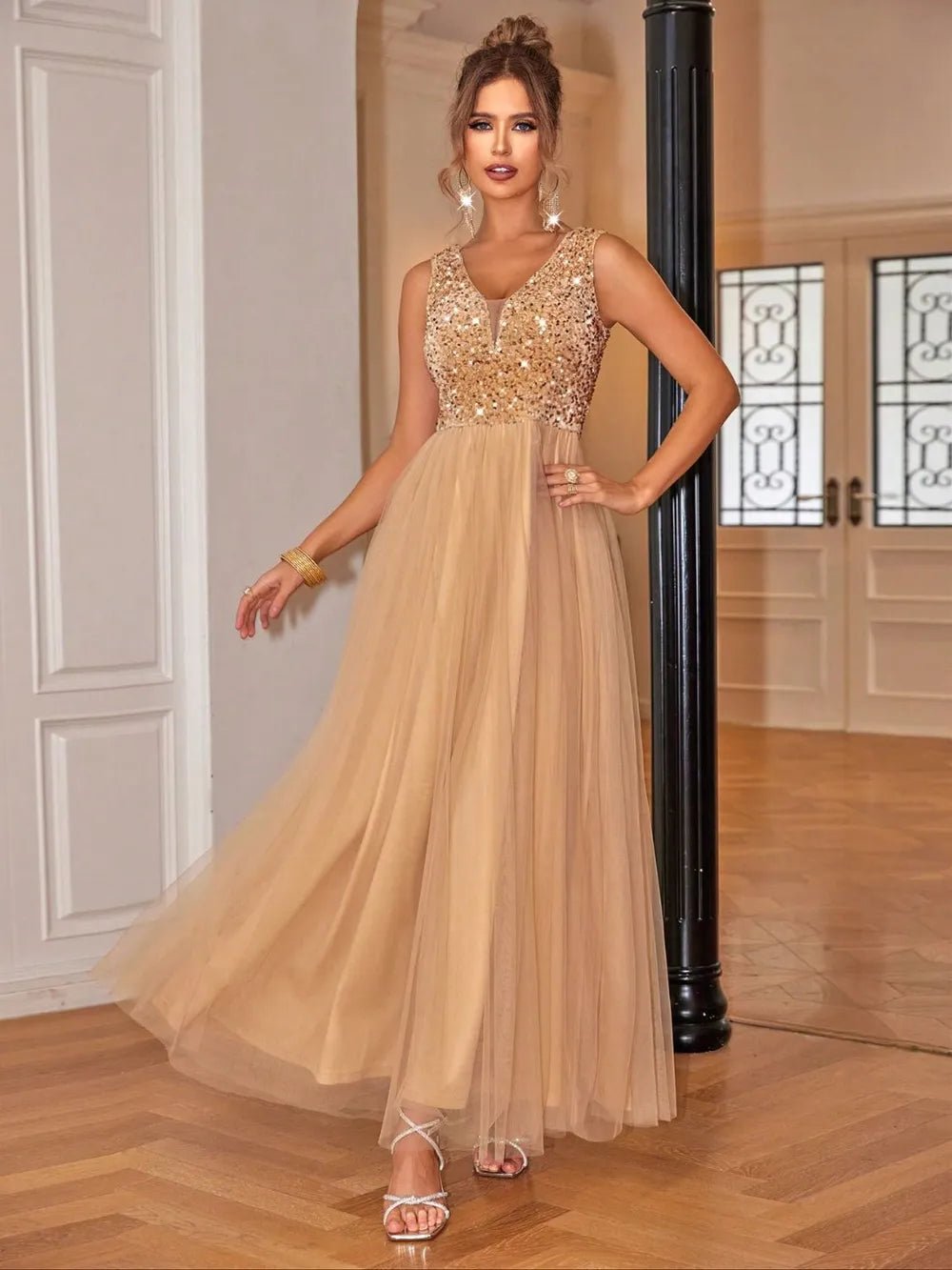 Sequin V - Neck Sleeveless Dress - TrendNest