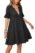 R.Vivimos Womens Summer Cotton Flowy Mini Dress V Neck Short Sleeve Boho Ruffle Tiered Casual Loose Tunic Dress (X-Large Black)