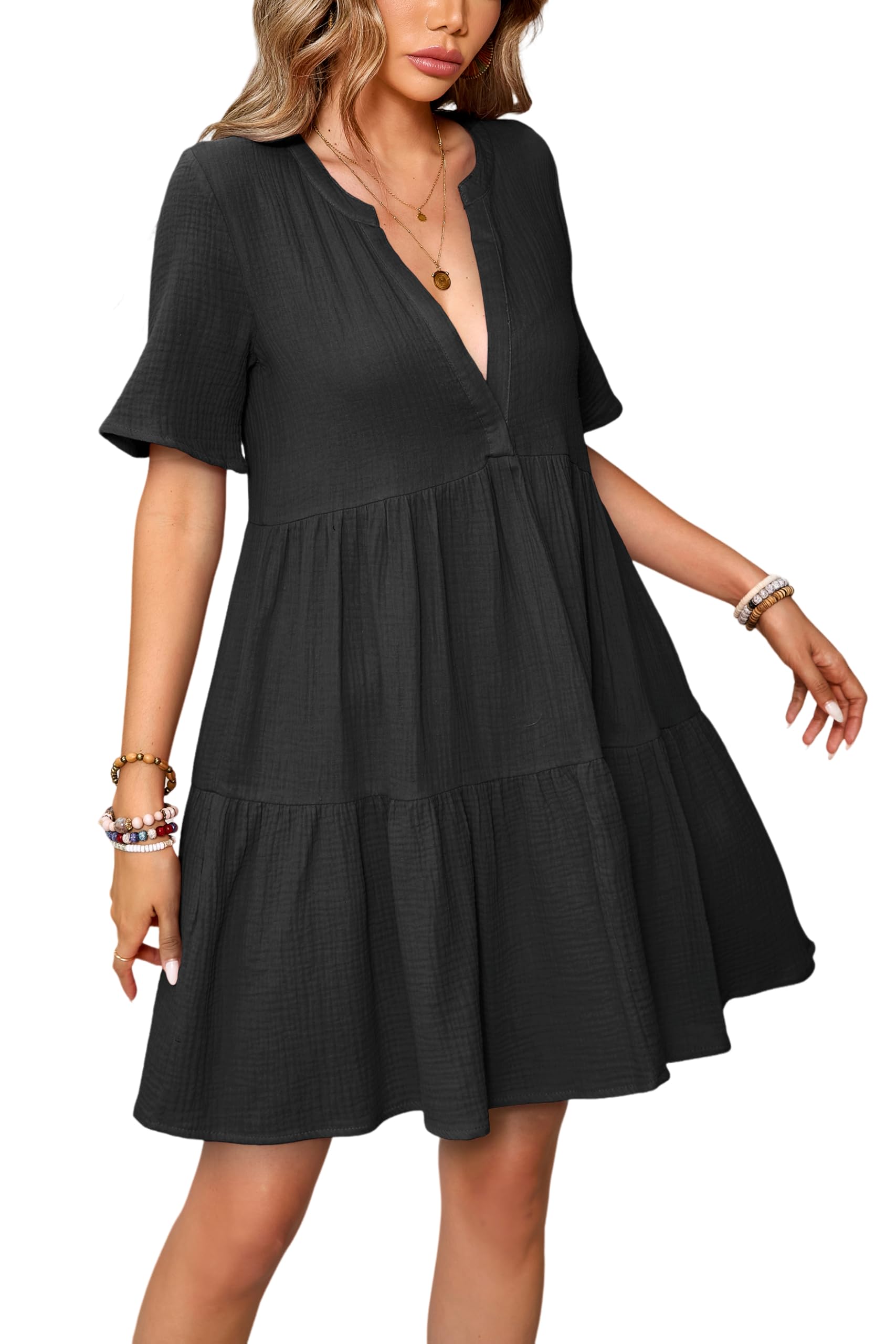 R.Vivimos Womens Summer Cotton Flowy Mini Dress V Neck Short Sleeve Boho Ruffle Tiered Casual Loose Tunic Dress (X-Large Black)