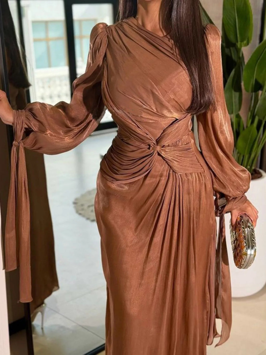 Front Twisted Draped Long Sleeve Maxi Dress - TrendNest