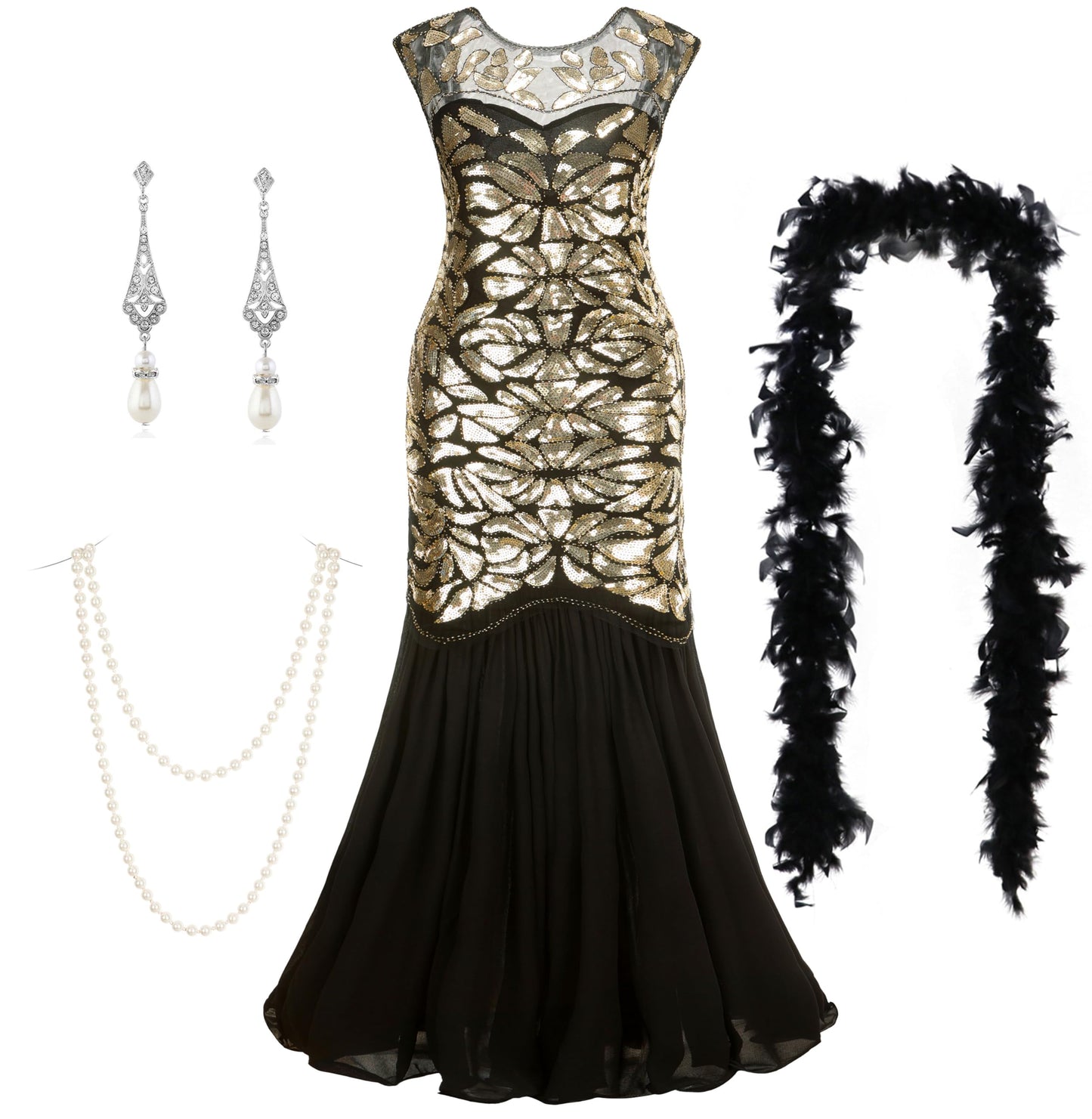 Gionforsy Sequins Evening Long Dress Mermaid Hem Formal Maxi Gown Prom Dress Flapper Feather Boa Accessories Set (Black Gold XX-Large)