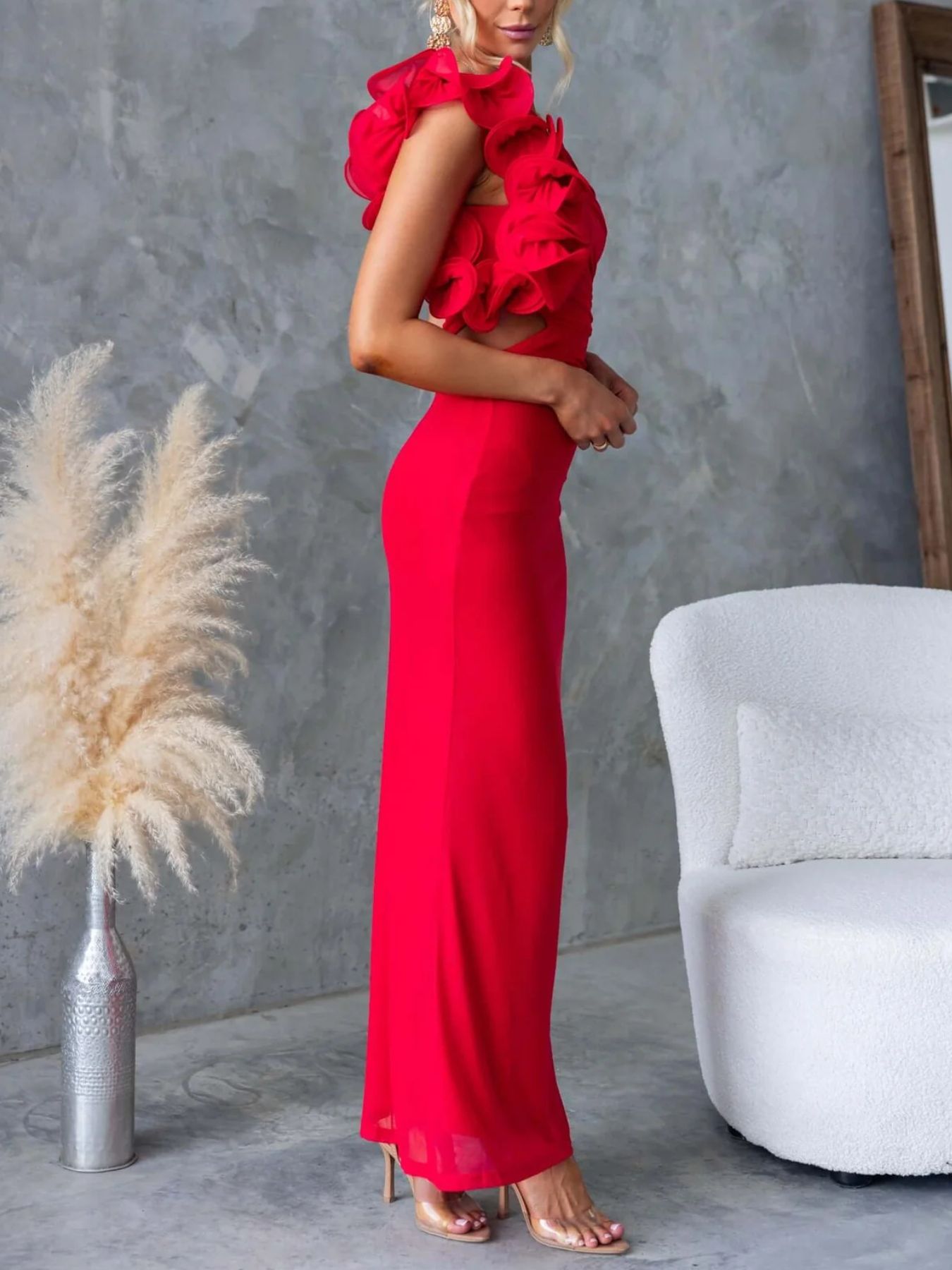 One - Shoulder Floral Trim Sleeveless Maxi Dress - TrendNest
